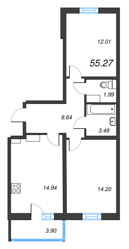 3-комнатная (Евро) квартира, 55.27 м² - планировка, фото №1