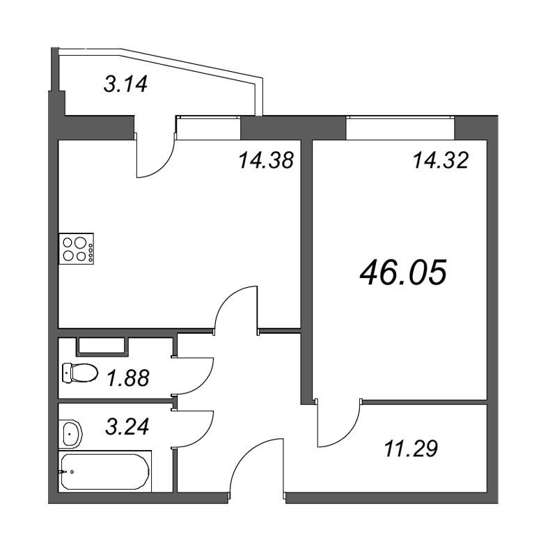 2-комнатная (Евро) квартира, 45.5 м² в ЖК "Тандем" - планировка, фото №1