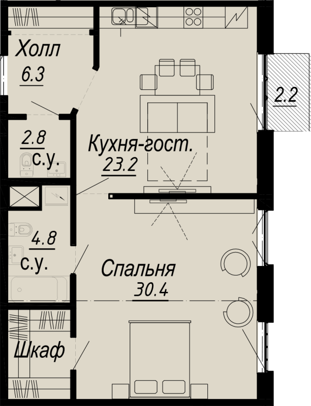 2-комнатная (Евро) квартира, 68.6 м² - планировка, фото №1