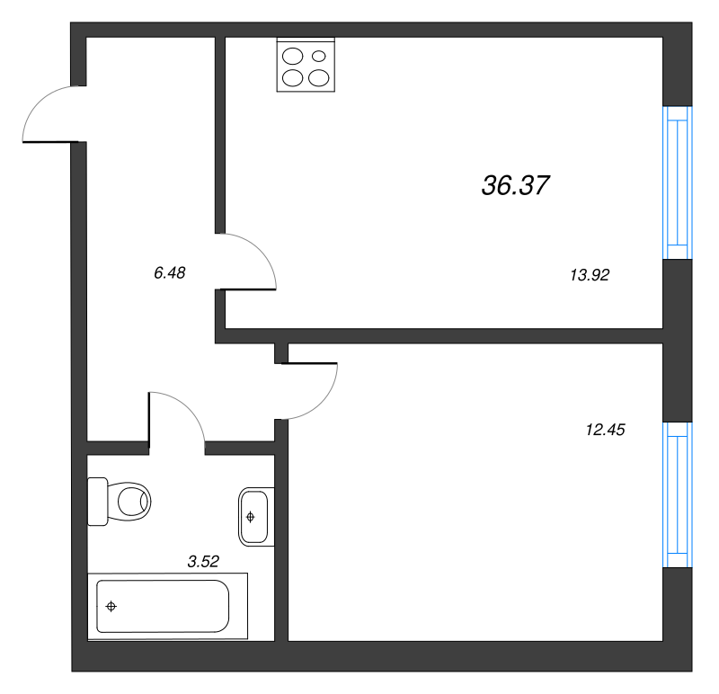 1-комнатная квартира, 36.37 м² - планировка, фото №1