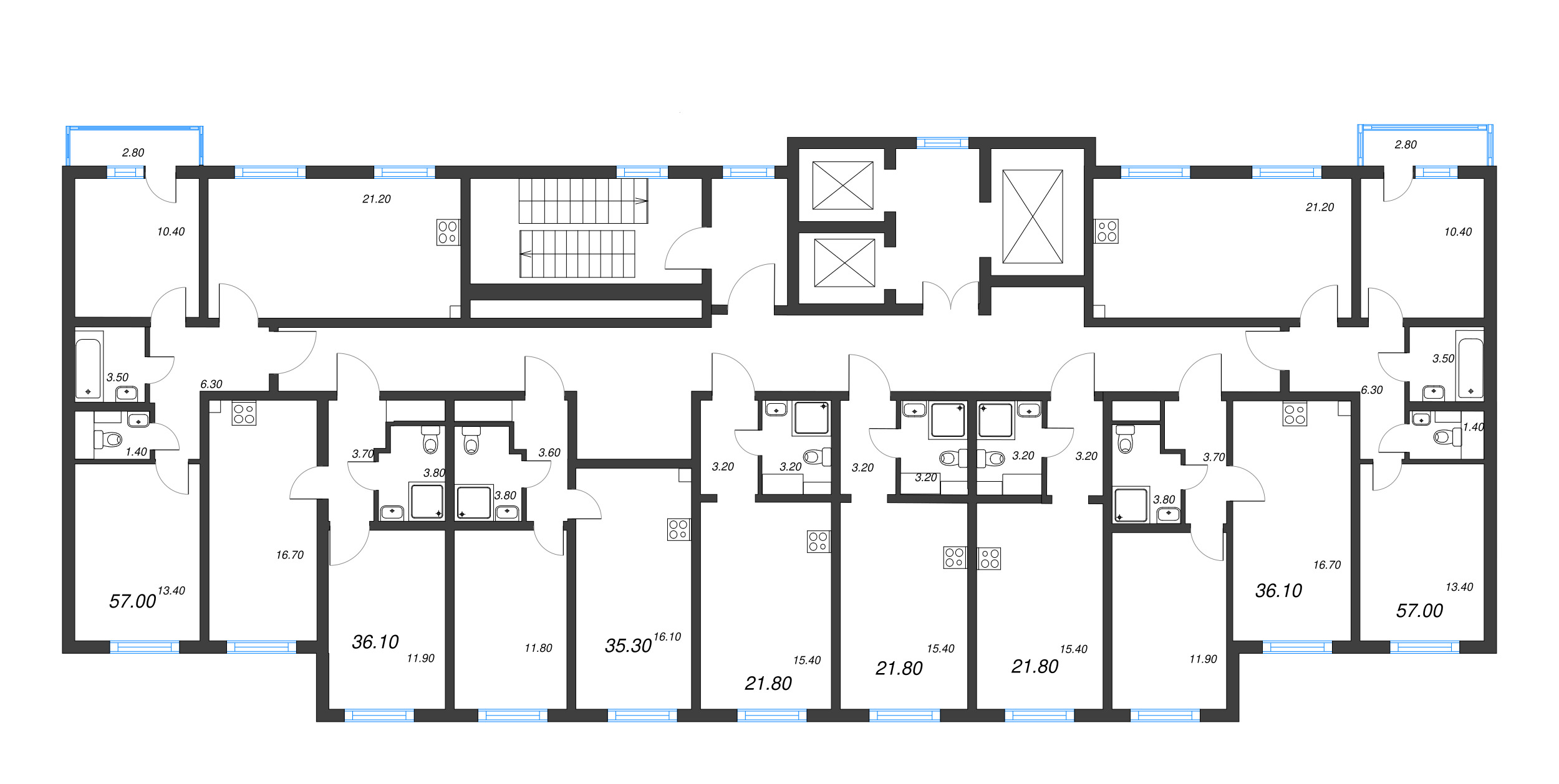 2-комнатная (Евро) квартира, 57 м² в ЖК "Ручьи" - планировка этажа