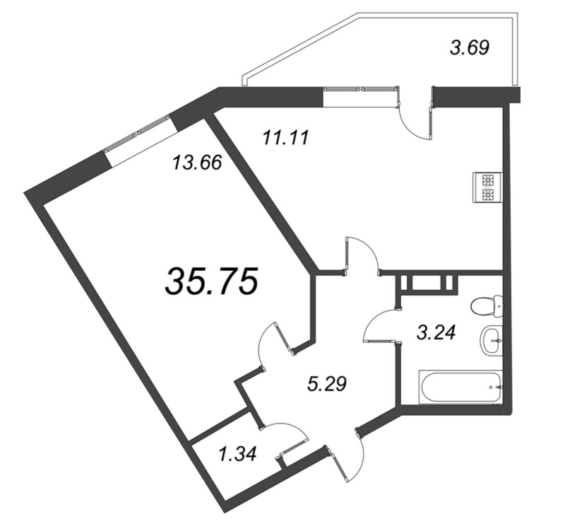 1-комнатная квартира, 35.75 м² в ЖК "Капральский" - планировка, фото №1