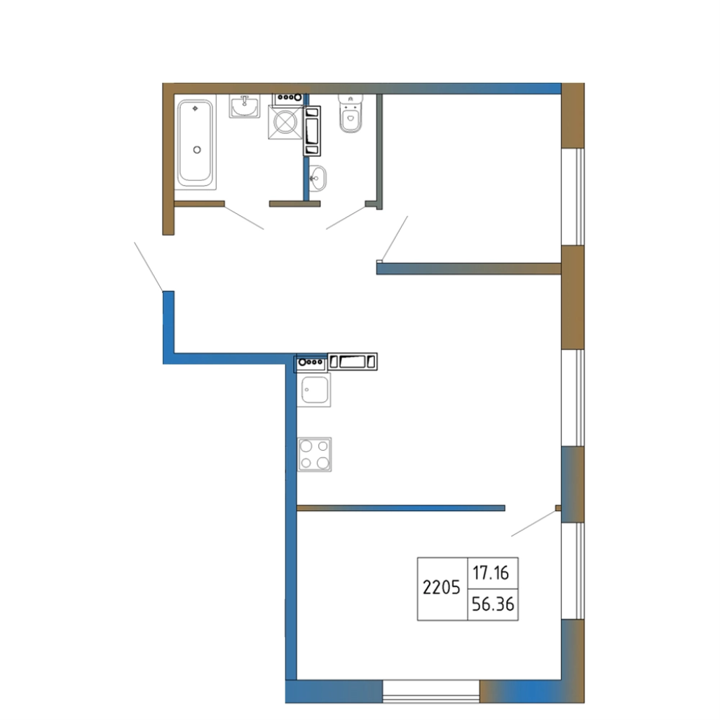 3-комнатная (Евро) квартира, 56.36 м² в ЖК "Атмосфера Выборга" - планировка, фото №1