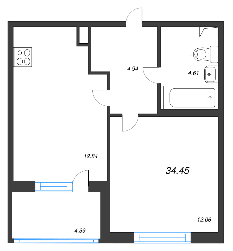 1-комнатная квартира, 34.45 м² в ЖК "ЮгТаун" - планировка, фото №1