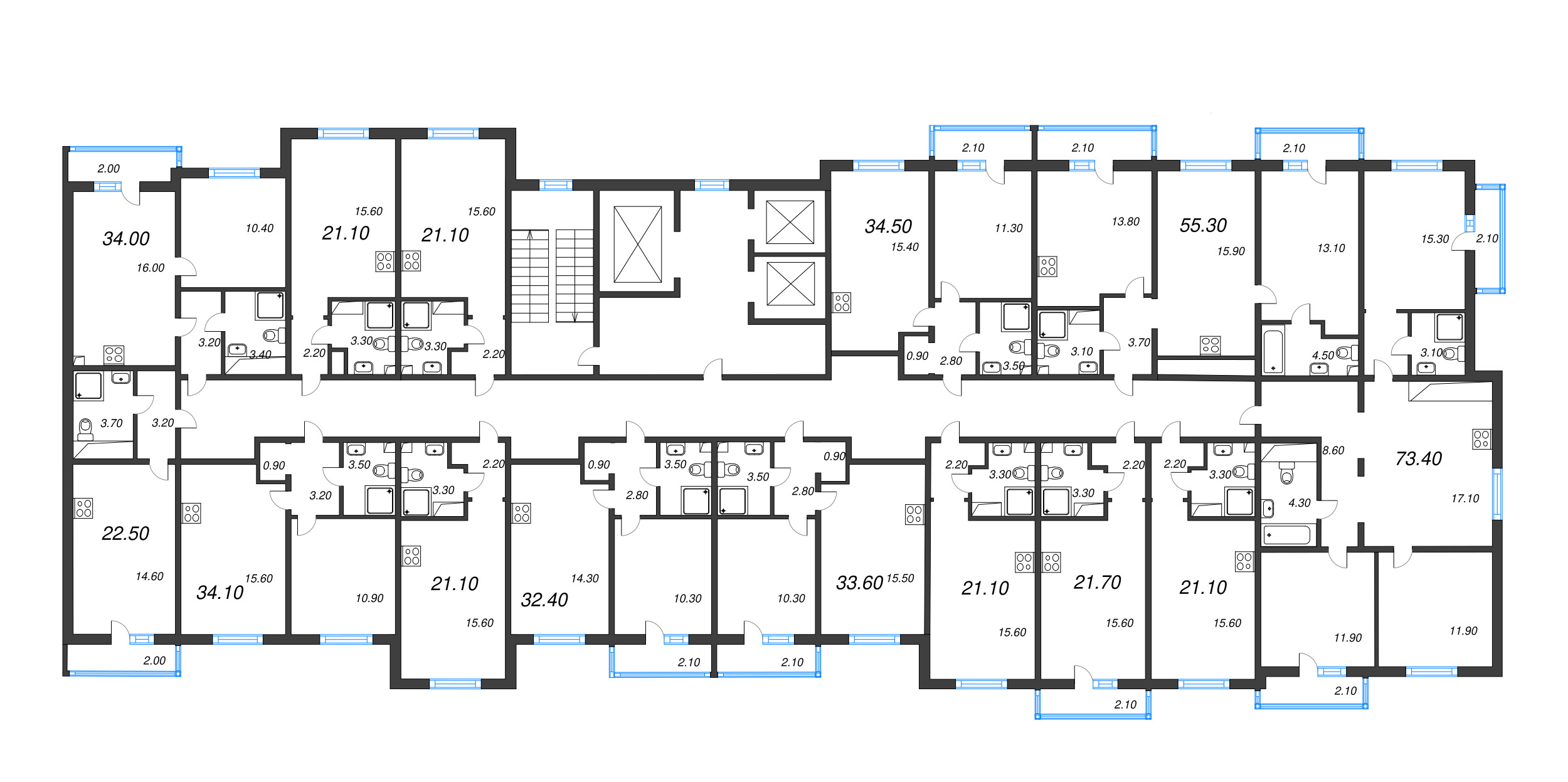 4-комнатная (Евро) квартира, 73.4 м² в ЖК "Дыбенко Парк" - планировка этажа