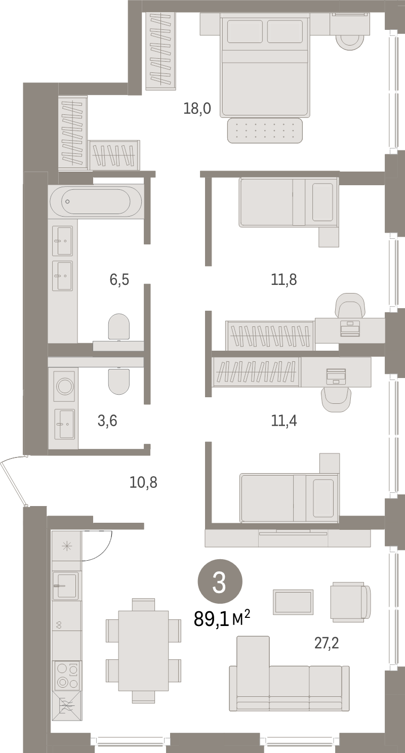 4-комнатная (Евро) квартира, 89.1 м² в ЖК "Брусника в Новоселье" - планировка, фото №1