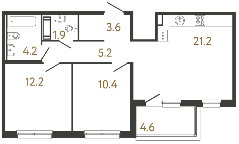 3-комнатная (Евро) квартира, 58.7 м² в ЖК "Передвижники" - планировка, фото №1
