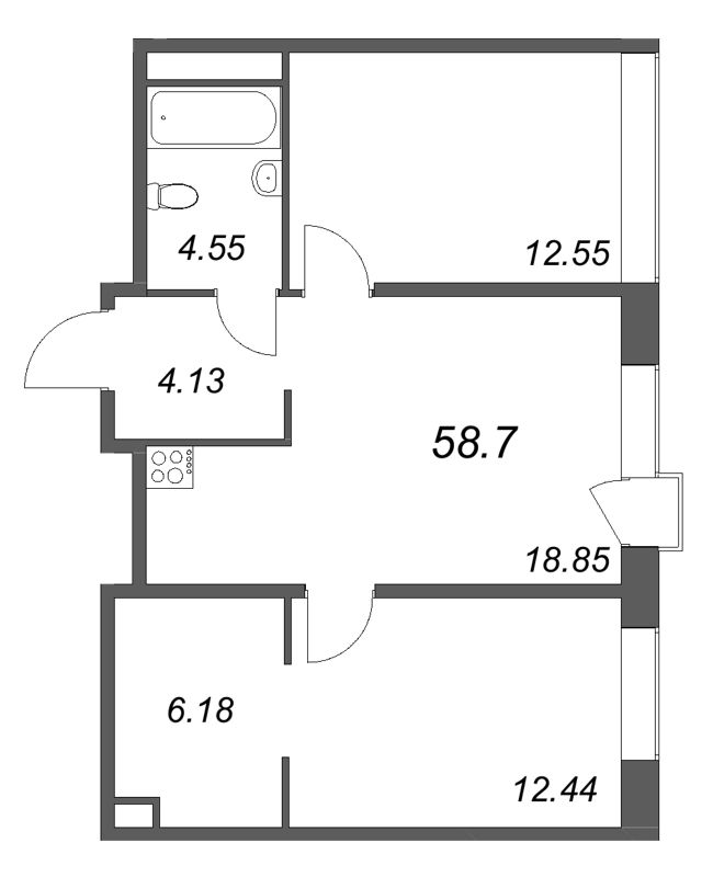 3-комнатная (Евро) квартира, 58.7 м² в ЖК "Avant" - планировка, фото №1