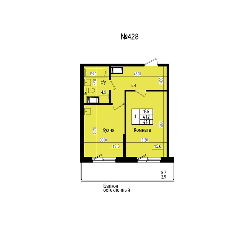 1-комнатная квартира, 44.1 м² в ЖК "ПРАГМА СИТИ" - планировка, фото №1