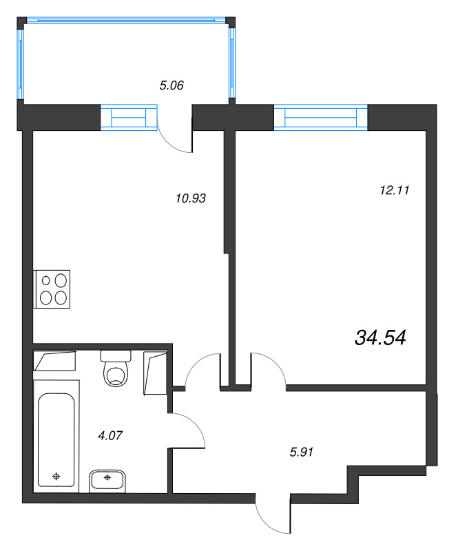 1-комнатная квартира, 34.54 м² - планировка, фото №1