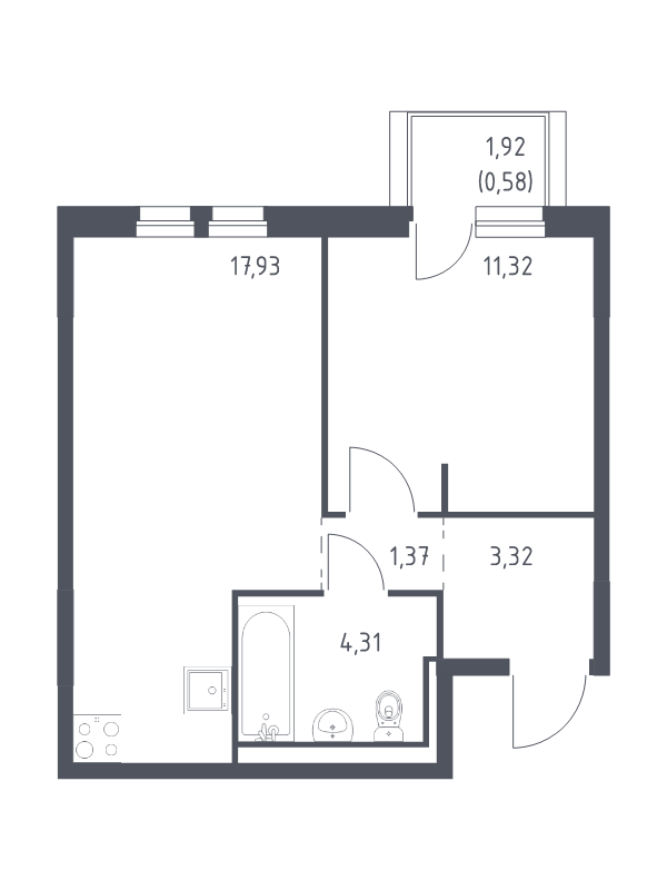 2-комнатная (Евро) квартира, 38.83 м² - планировка, фото №1