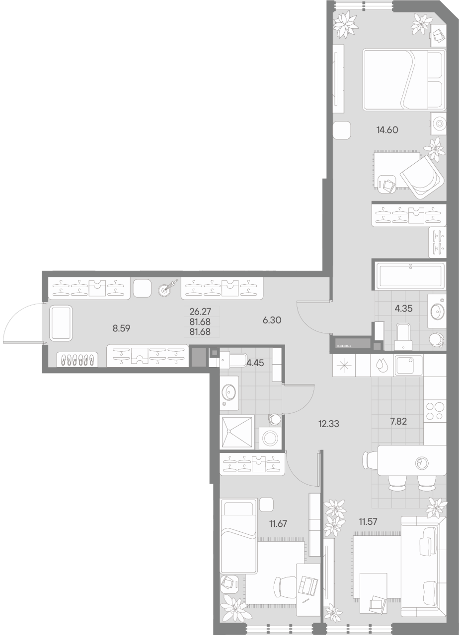 3-комнатная (Евро) квартира, 81.68 м² в ЖК "Amo" - планировка, фото №1