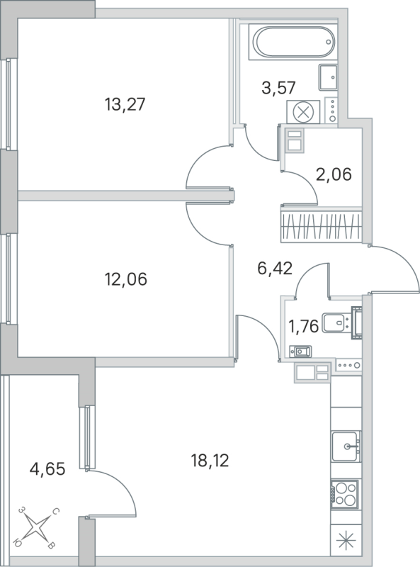 3-комнатная (Евро) квартира, 57.26 м² в ЖК "Любоград" - планировка, фото №1