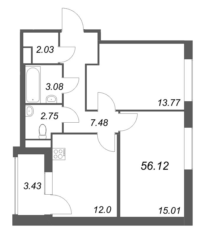 2-комнатная квартира, 56.12 м² в ЖК "Дом на Курской" - планировка, фото №1