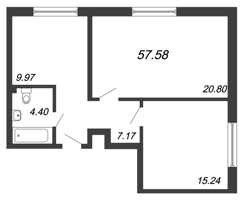 2-комнатная квартира, 57.58 м² - планировка, фото №1