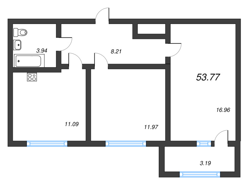 2-комнатная квартира, 53.77 м² - планировка, фото №1