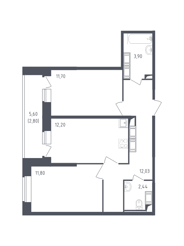 2-комнатная квартира, 56.87 м² - планировка, фото №1