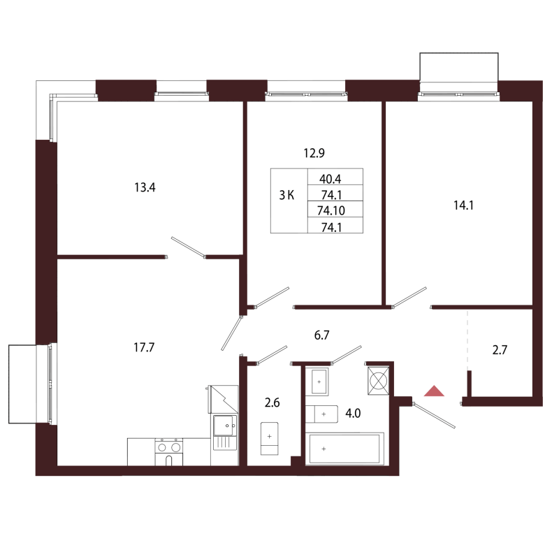 4-комнатная (Евро) квартира, 74.1 м² в ЖК "Лисино" - планировка, фото №1