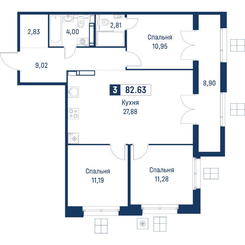 4-комнатная (Евро) квартира, 82.63 м² в ЖК "Символист" - планировка, фото №1