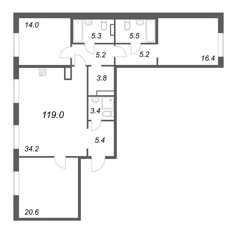 4-комнатная (Евро) квартира, 119 м² в ЖК "Визионер" - планировка, фото №1