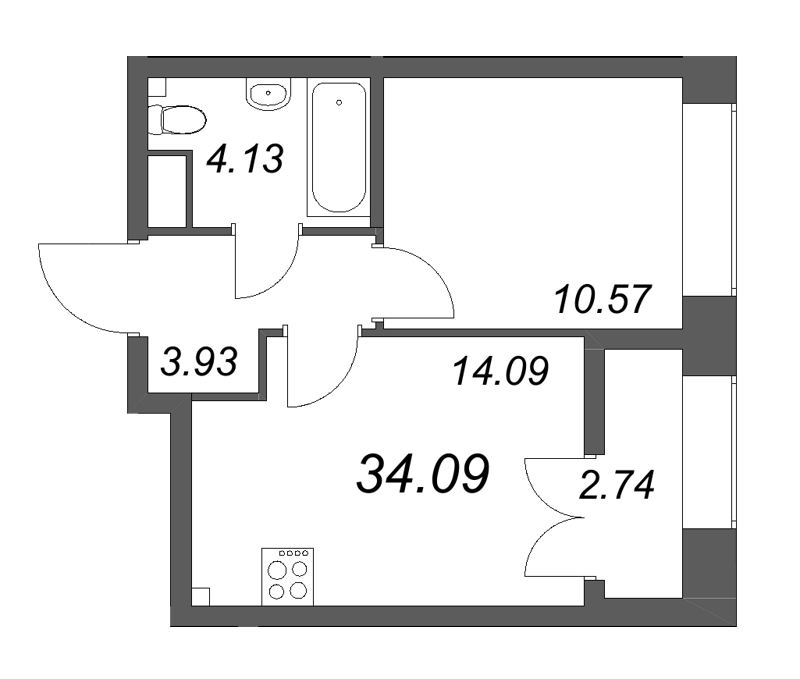 1-комнатная квартира, 34.09 м² в ЖК "NewПитер 2.0" - планировка, фото №1