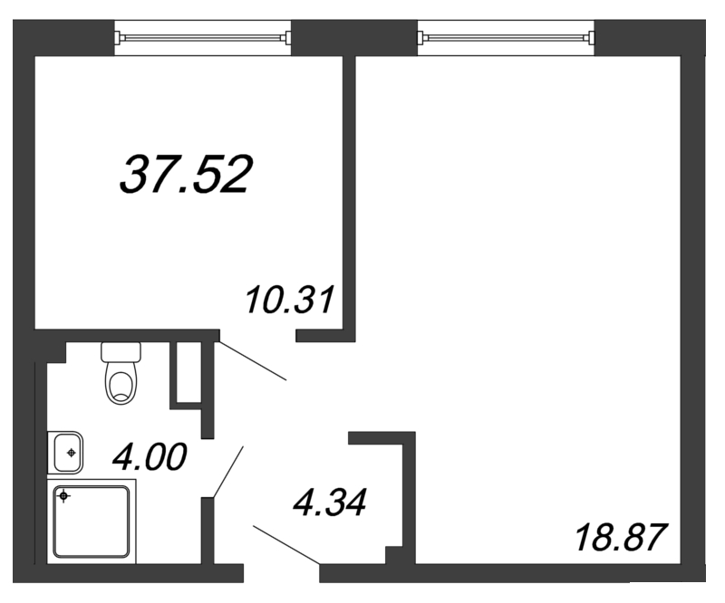 2-комнатная (Евро) квартира, 37.52 м² - планировка, фото №1