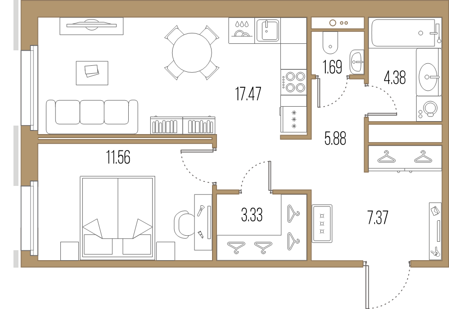 2-комнатная (Евро) квартира, 51.68 м² - планировка, фото №1