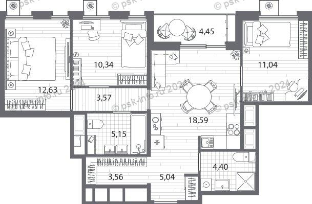 4-комнатная (Евро) квартира, 76.55 м² - планировка, фото №1