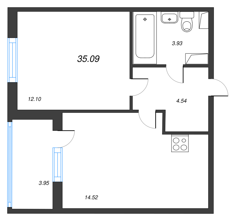 1-комнатная квартира, 35.09 м² в ЖК "Любоград" - планировка, фото №1