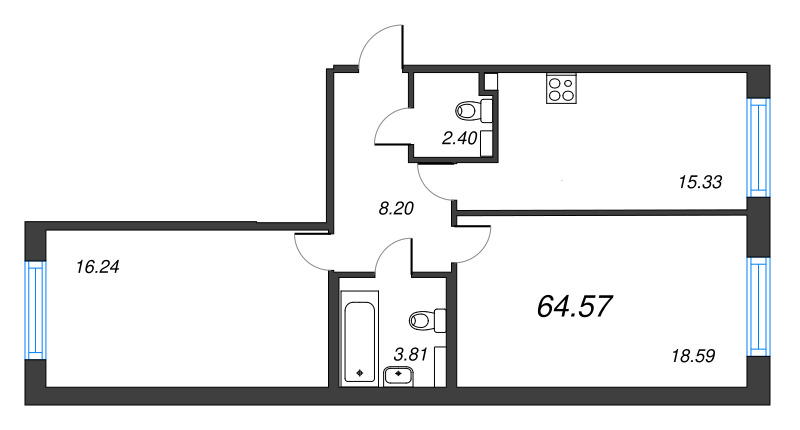 3-комнатная (Евро) квартира, 64.57 м² - планировка, фото №1