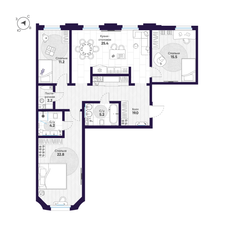 4-комнатная (Евро) квартира, 105.5 м² в ЖК "Mariinka Deluxe" - планировка, фото №1