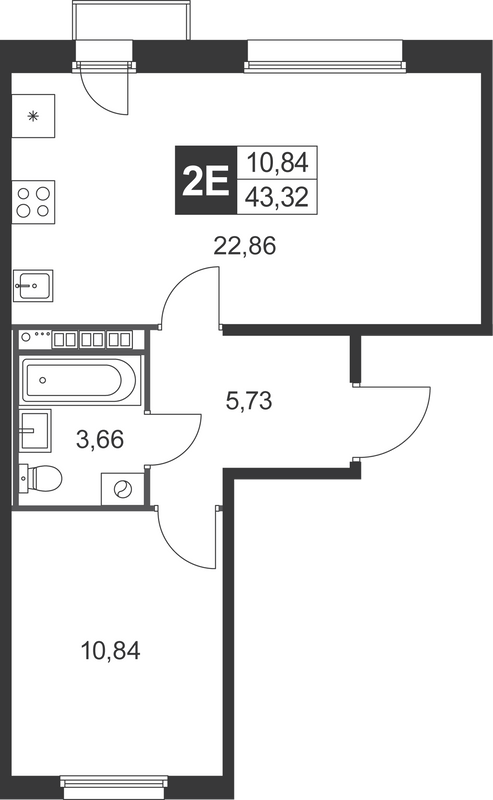 2-комнатная (Евро) квартира, 43.32 м² в ЖК "Слобода" - планировка, фото №1