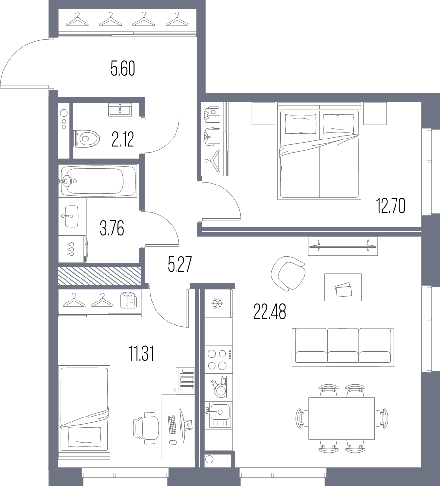 3-комнатная (Евро) квартира, 63.24 м² - планировка, фото №1