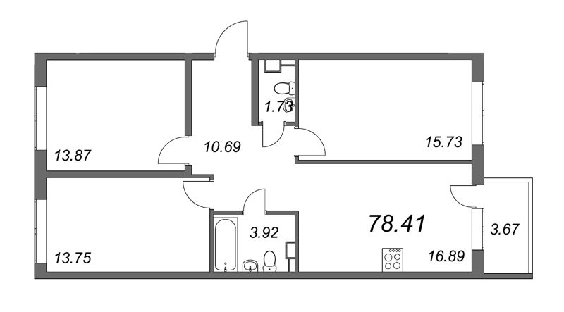 3-комнатная квартира, 79.6 м² - планировка, фото №1