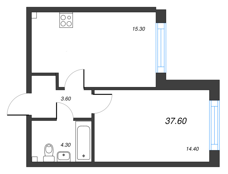 2-комнатная (Евро) квартира, 37.6 м² в ЖК "Измайловский" - планировка, фото №1