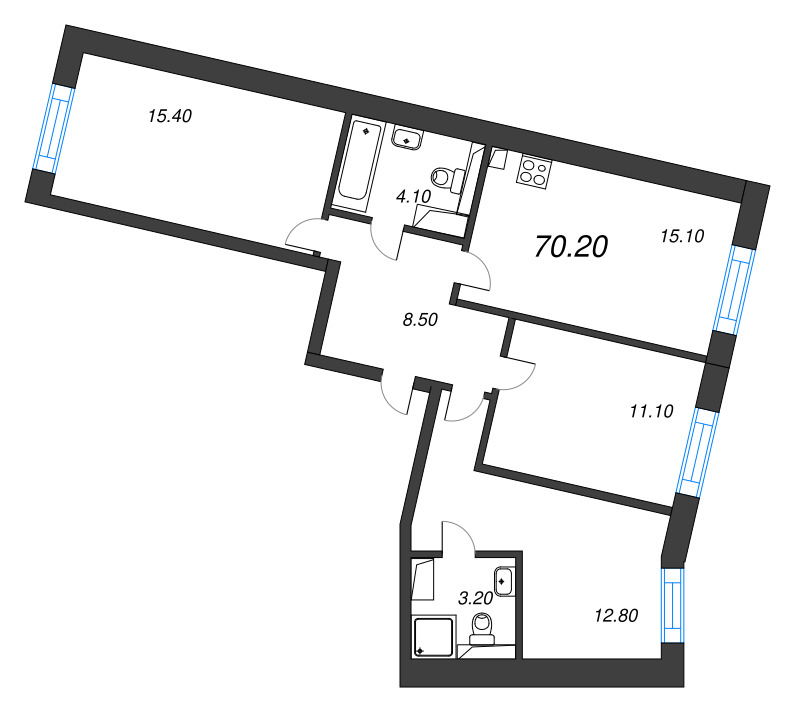 4-комнатная (Евро) квартира, 70.2 м² - планировка, фото №1