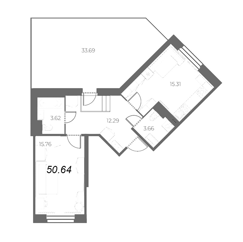 2-комнатная (Евро) квартира, 60.75 м² - планировка, фото №1