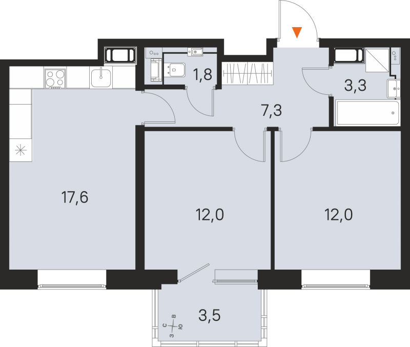 3-комнатная (Евро) квартира, 54 м² в ЖК "М36" - планировка, фото №1