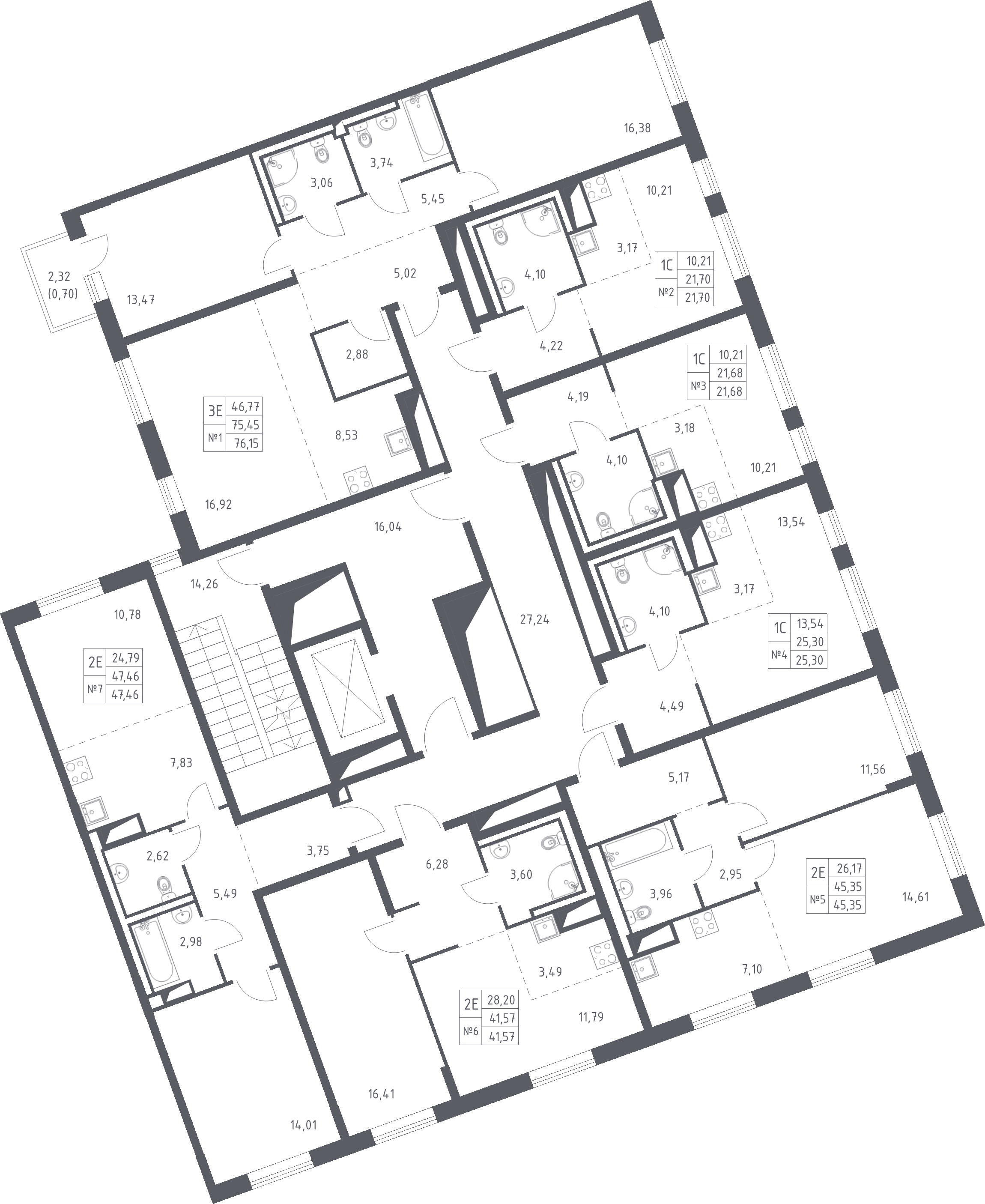 2-комнатная (Евро) квартира, 41.57 м² - планировка этажа
