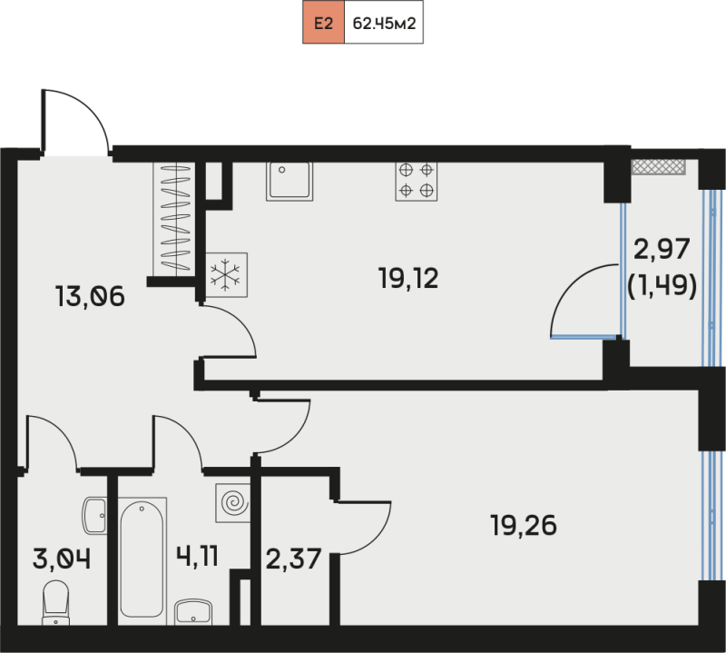 2-комнатная (Евро) квартира, 62.45 м² в ЖК "Дом Регенбоген" - планировка, фото №1