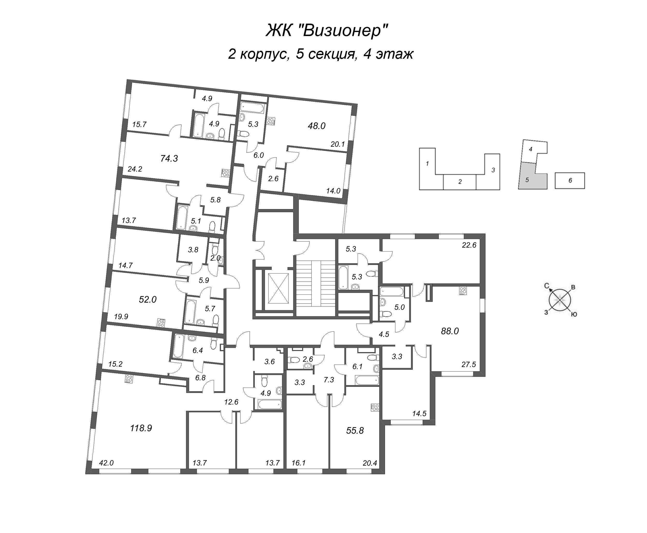 3-комнатная (Евро) квартира, 74.3 м² в ЖК "Визионер" - планировка этажа