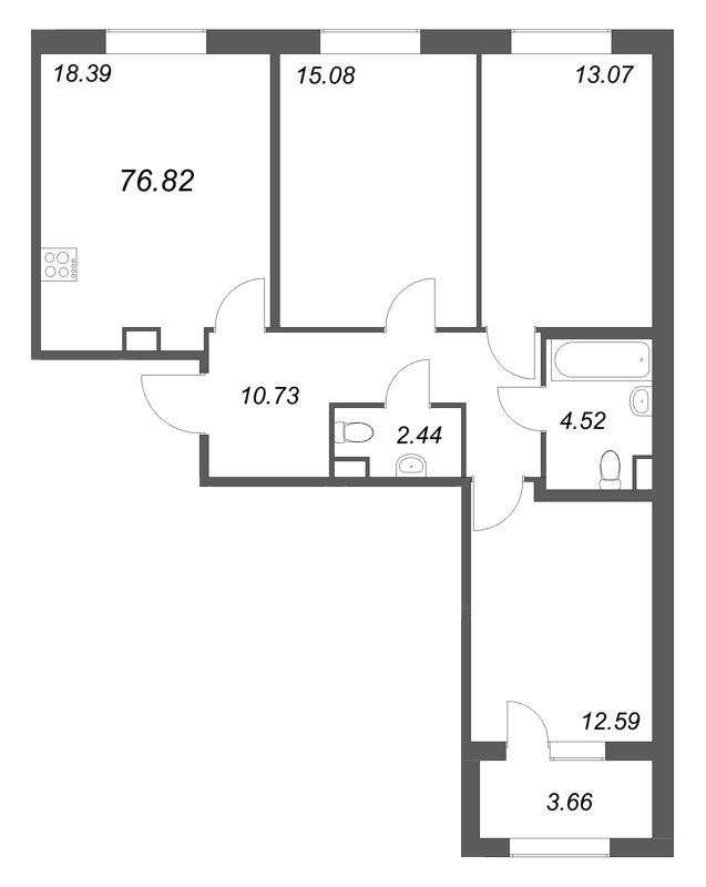 4-комнатная (Евро) квартира, 76.82 м² в ЖК "Дубровский" - планировка, фото №1
