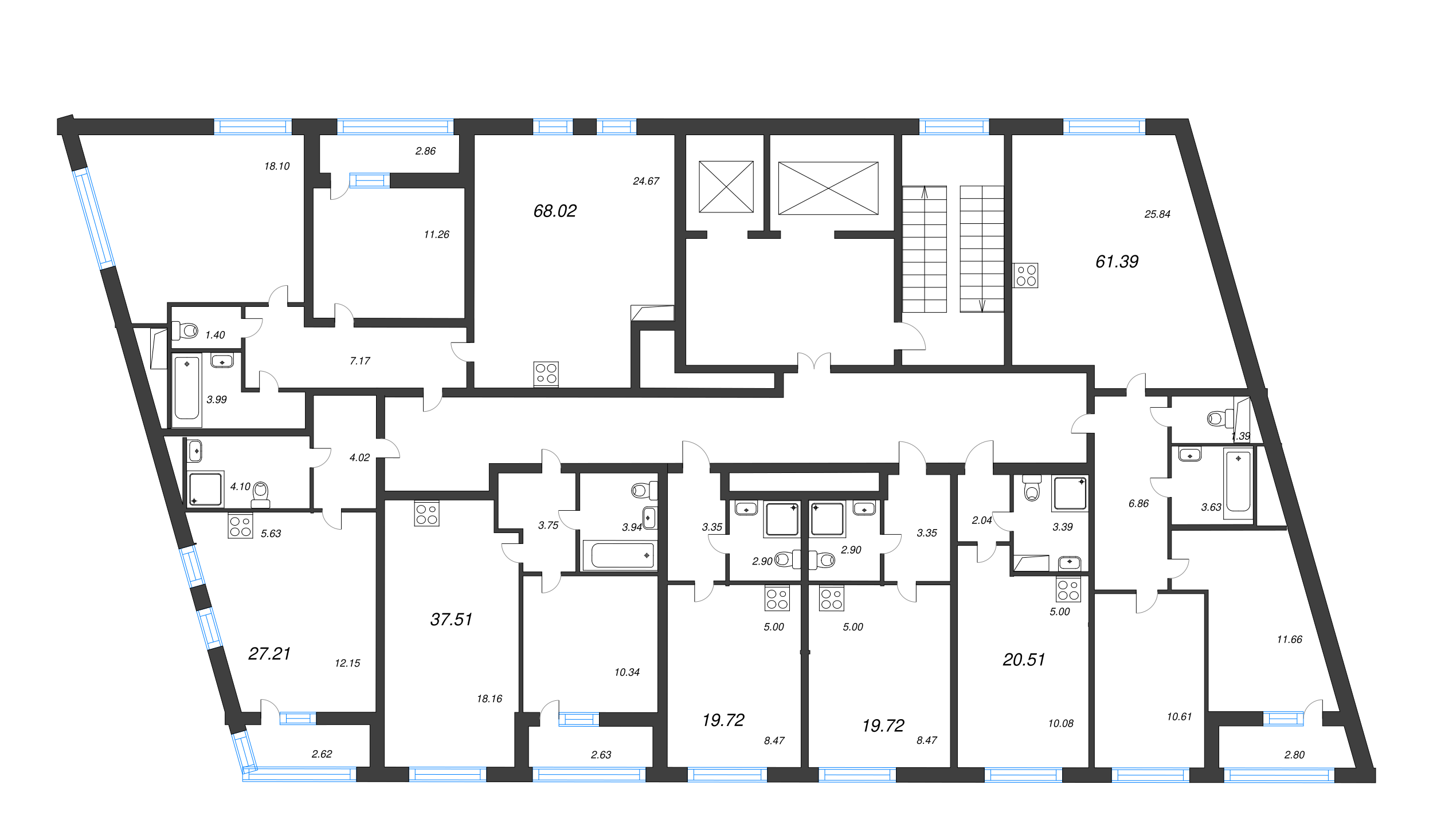 3-комнатная (Евро) квартира, 61.39 м² в ЖК "Морская набережная" - планировка этажа