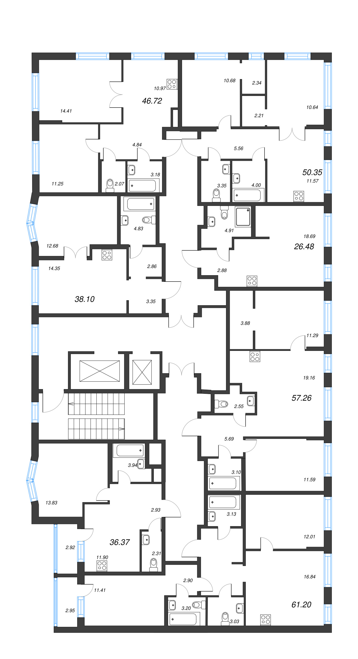3-комнатная (Евро) квартира, 57.26 м² - планировка этажа