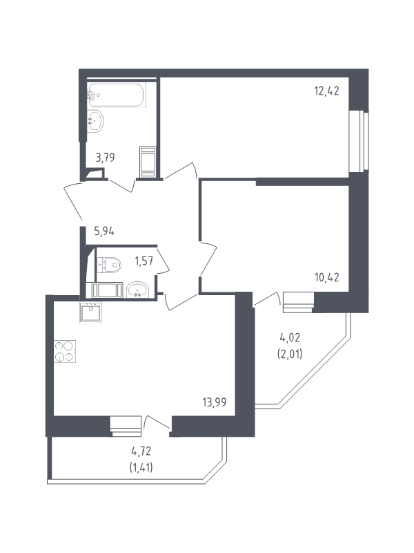 2-комнатная квартира, 51.55 м² в ЖК "Живи! В Рыбацком" - планировка, фото №1