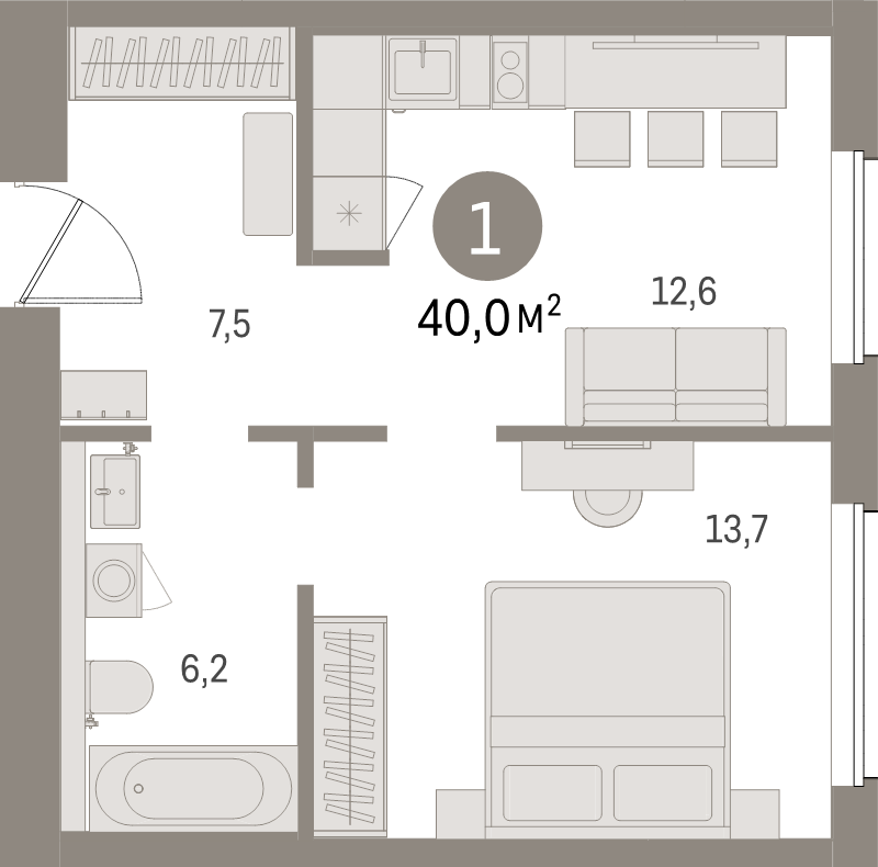 1-комнатная квартира, 40 м² в ЖК "Северный ветер" - планировка, фото №1