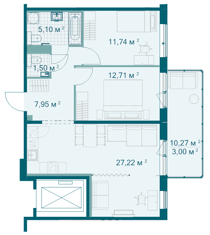 3-комнатная (Евро) квартира, 68 м² в ЖК "Grona Lund" - планировка, фото №1