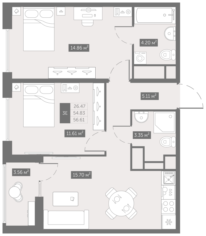 3-комнатная (Евро) квартира, 56.61 м² в ЖК "UP-квартал Новый Московский" - планировка, фото №1