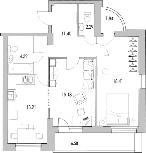 2-комнатная квартира, 67.6 м² в ЖК "Байрон" - планировка, фото №1