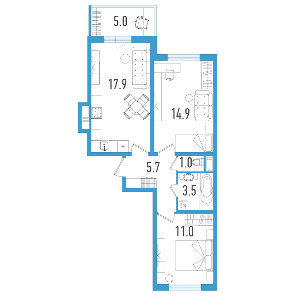 3-комнатная (Евро) квартира, 55.5 м² в ЖК "Аэросити" - планировка, фото №1